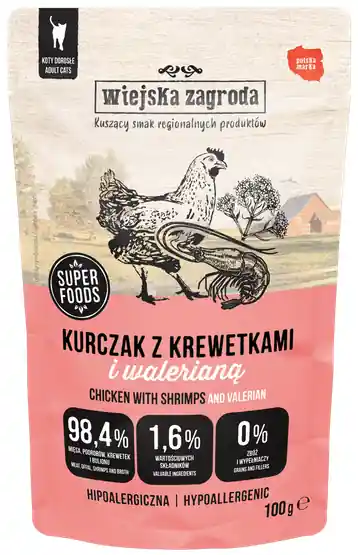 Zamów dziś Wiejska Zagroda Kurczak z krewetkami i walerianą Mokra Karma dla kota op. 100g