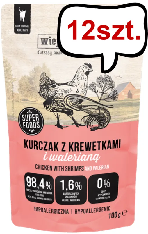 Wiejska Zagroda Kurczak z krewetkami i walerianą Mokra Karma dla kota op. 100g Pakiet 12szt. Nowy