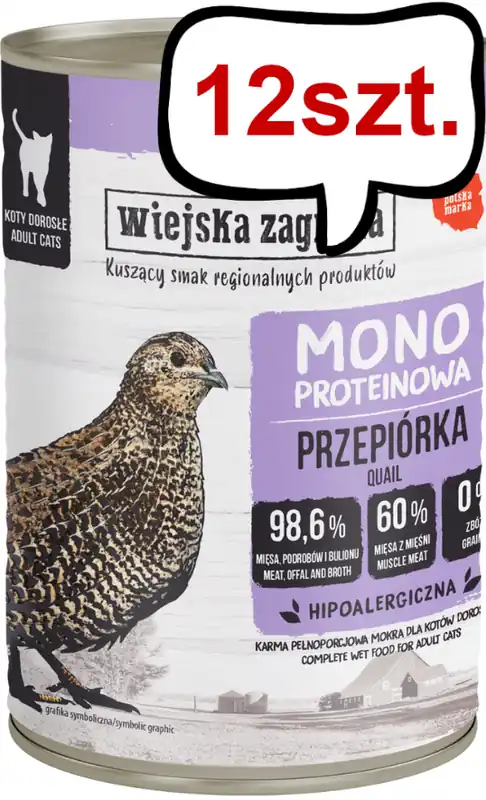 Wiejska Zagroda Monoproteinowa Przepiórka Mokra Karma dla kota op. 400g Pakiet 12szt. Tani