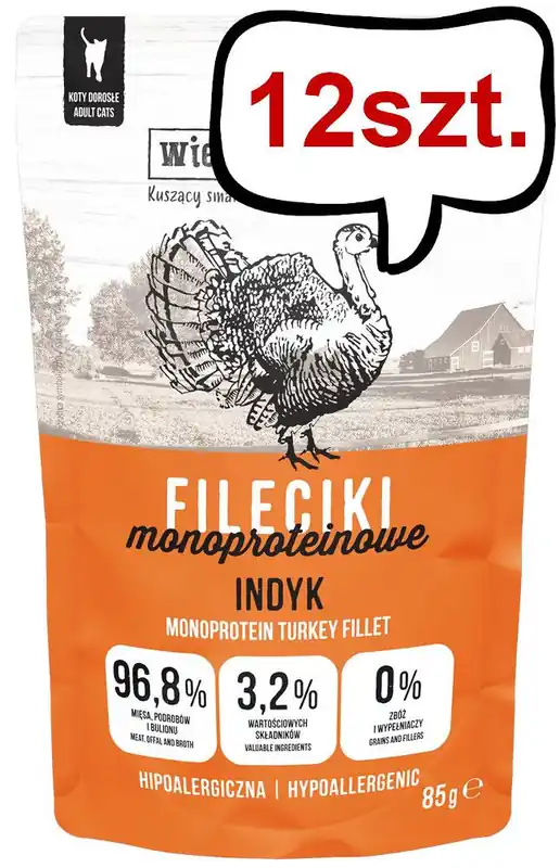 Wiejska Zagroda Monoproteinowe Fileciki Indyk Mokra Karma dla kota op. 85g Pakiet 12szt. Szybka wysyłka
