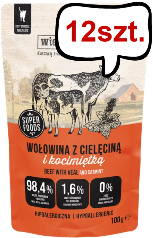 Wiejska Zagroda Wołowina z cielęciną i kocimiętką Mokra Karma dla kota op. 100g Pakiet 12szt. Wyprzedaż