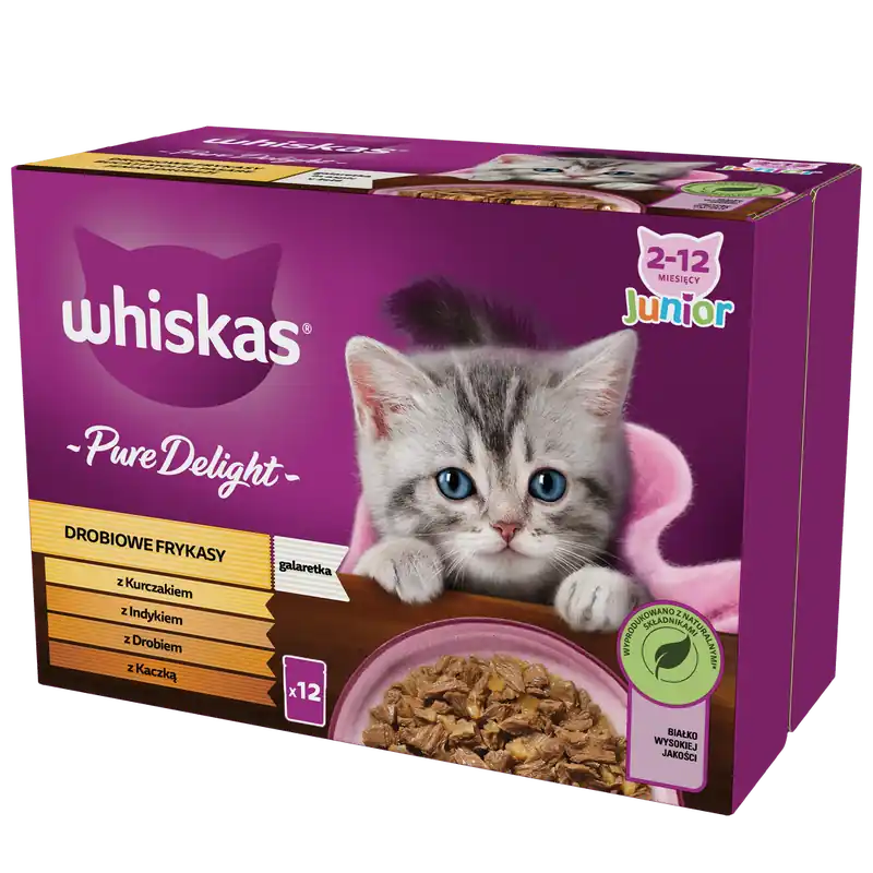 WHISKAS Junior Saszetki 12 x 85g Drobiowe Frykasy Mokra Karma Dla Kociąt w Galaretce Kawałki z Kurczakiem Indykiem Drobiem Kaczką Promocja