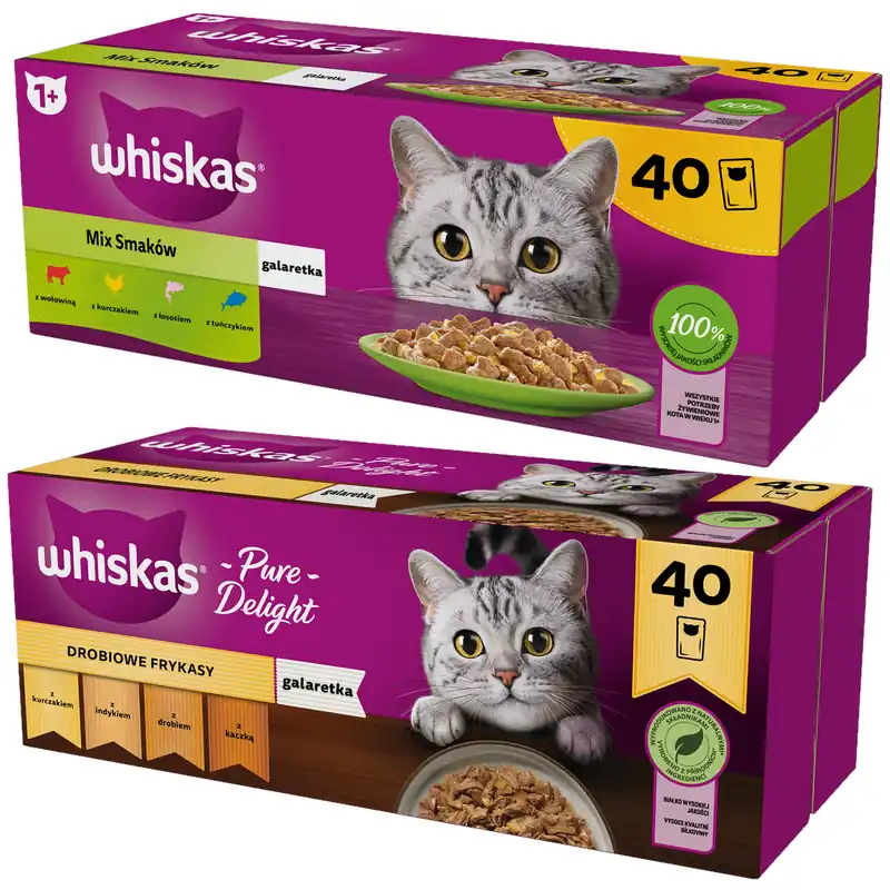 Do wyczerpania zapasów Whiskas Adult Mix Smaków 40x85g + Whiskas Drobiowe Frykasy 40x85g Mokra Karma Dla Kota w Galaretce