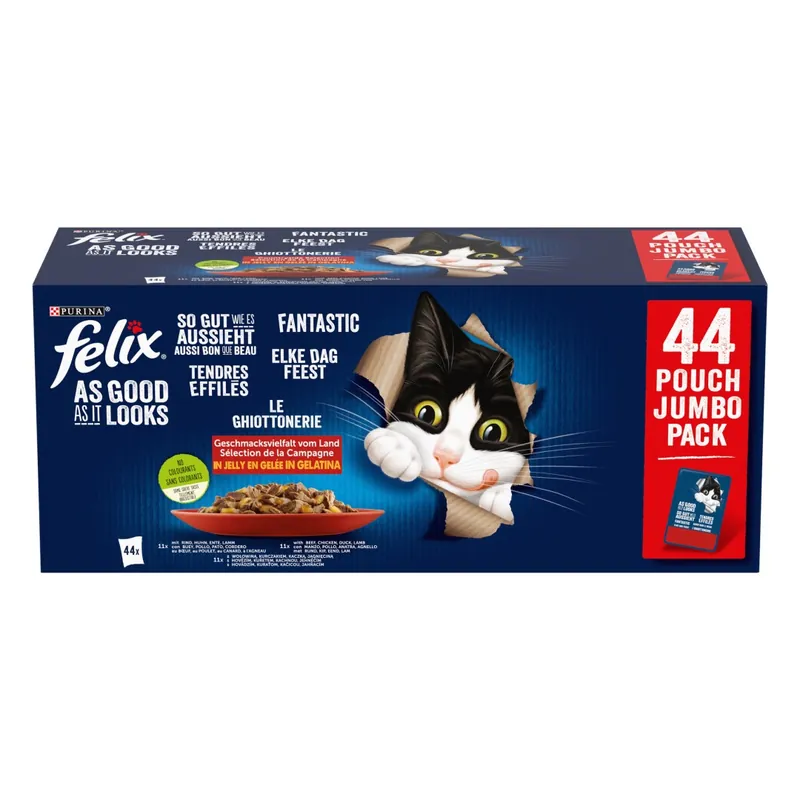 Tylko dziś Felix Fantastic Mokra Karma Dla Kota Wiejskie Smaki W Galaretce 3,74kg (44x85g) Wołowina Kurczak Kaczka Jagnięcina