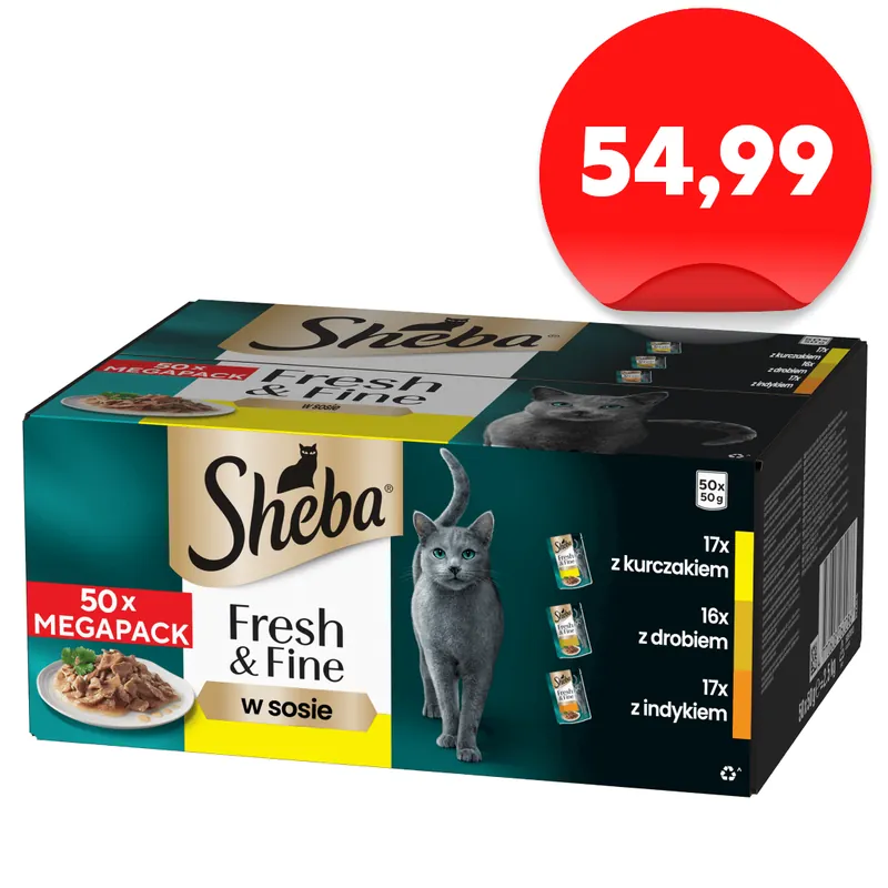 Sheba Fresh&Fine Megapack Saszetki 50x50g Mokra Karma Dla Kotów W Sosie Kurczak Drób Indyk Okazja