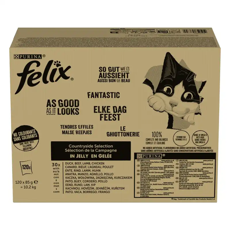 Felix Countryside Selection 120x85g Mokra Karma Dla Dorosłych Kotów W Galaretce Kaczka Wołowina Jagnięcina Kurczak Łatwy zwrot