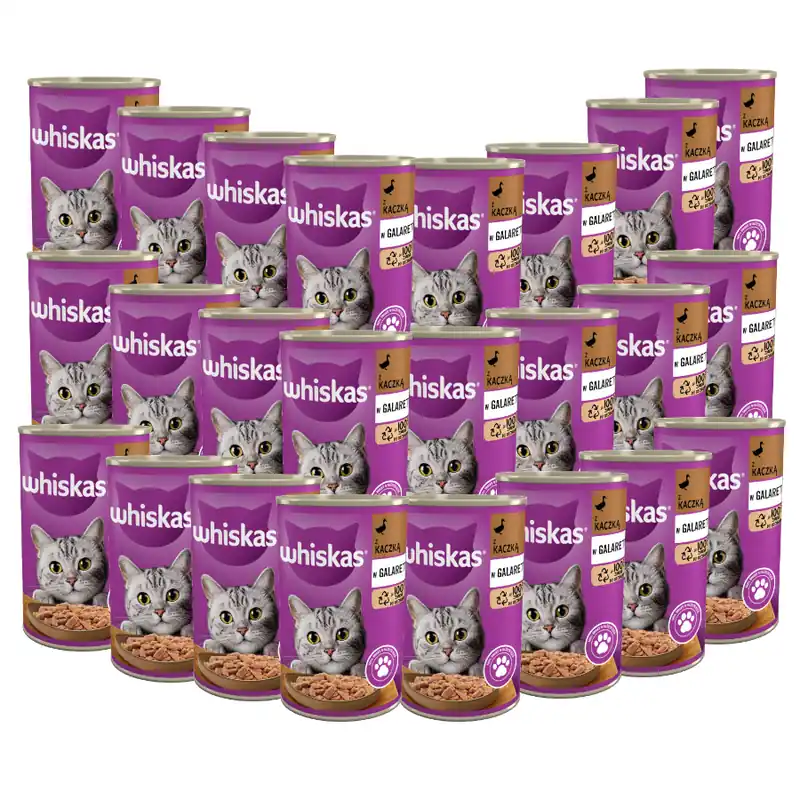 WHISKAS 1+ z Kaczką w Galaretce 24x400 g Puszka Mokra karma dla kotów dorosłych Łatwy zwrot