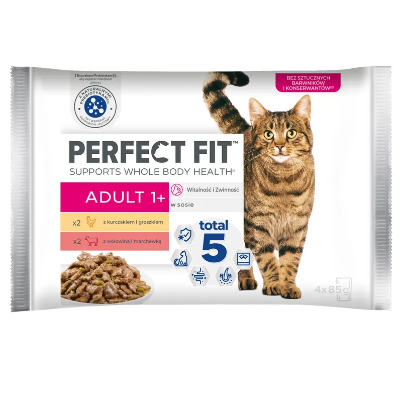 Perfect Fit Adult 1+ 4x85g Mokra Karma Dla Kotów Z Kurczakiem I Wołowiną W Sosie Wysoka jakość