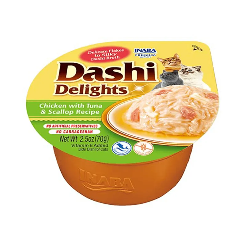 Zamów teraz Inaba Cat Dashi Delights 70g Uzupełniająca Karma Dla Kota Bulion z Kurczakiem Tuńczykiem i Przegrzebkami