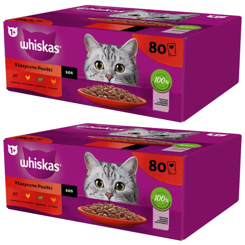 WHISKAS Adult Saszetki 160 x 85g Klasyczne Posiłki - Mokra Karma Dla Dorosłego Kota w Sosie (kawałki z wołowiną, kurczakiem, jagnięciną, drobiem) Nie przegap