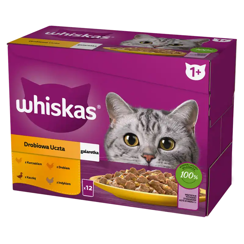 Kup online WHISKAS Adult Saszetki 12 x 85g Drobiowa Uczta Mokra Karma Dla Dorosłego Kota w Galaretce Kawałki z Kurczakiem Kaczką Drobiem Indykiem