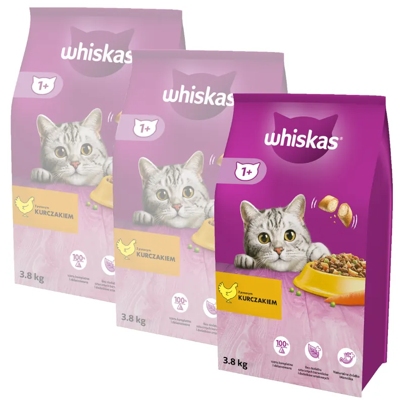 WHISKAS Adult 3x3,8 kg z Kurczakiem Sucha Karma Pełnoporcjowa Dla Dorosłych Kotów Zamów teraz