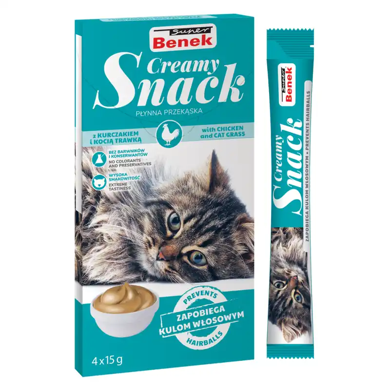 Popularny Super Benek Creamy Snack 60g (4x15g) Płynna Przekąska Dla Kotów Z Kurczakiem I Kocią Trawką