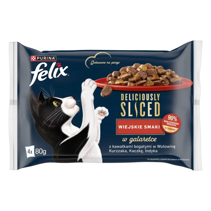 Zamów teraz Felix Deliciously Sliced Wiejskie Smaki 4x80g Mokra Karma Dla Kota Wołowina Kurczak Kaczka Indyk