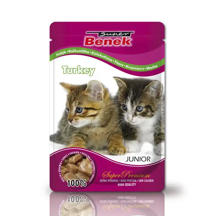 Sprawdź teraz Super Benek Junior 100g z Kawałkami Indyka w Sosie - Mokra Karma dla Kociąt w Saszetkach 74% mięsa