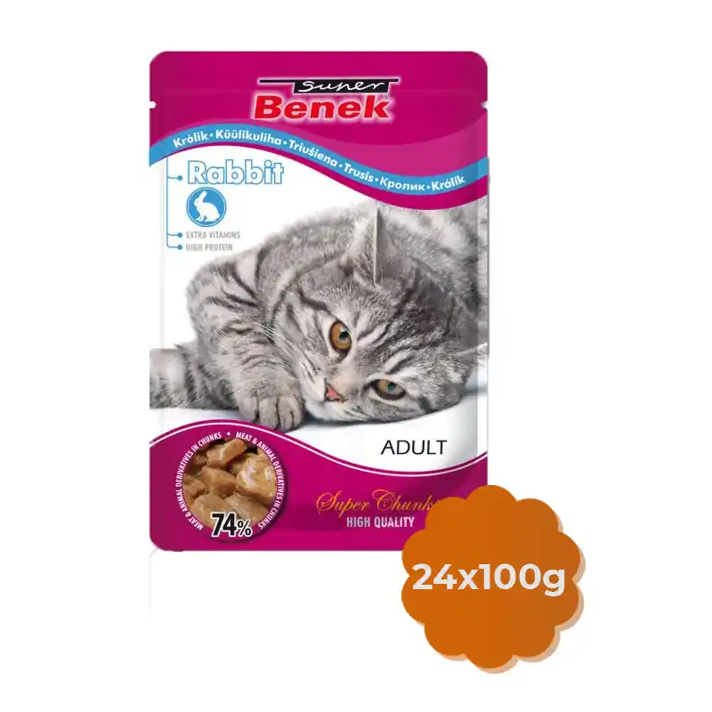 Super Benek Adult 24x100g z Kawałkami Królika w Sosie - Mokra Karma dla Kotów w Saszetce, 74% mięsa Wyprzedaż