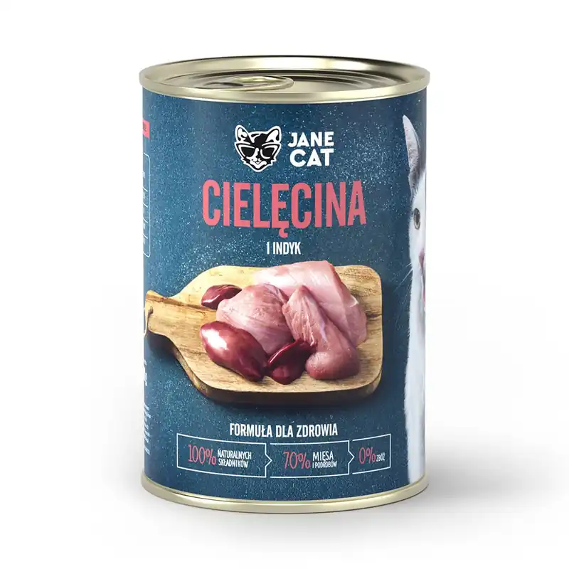 Niska cena Jane Cat ADULT CIELĘCINA INDYK 400g mokra karma dla kotów bez zbóż