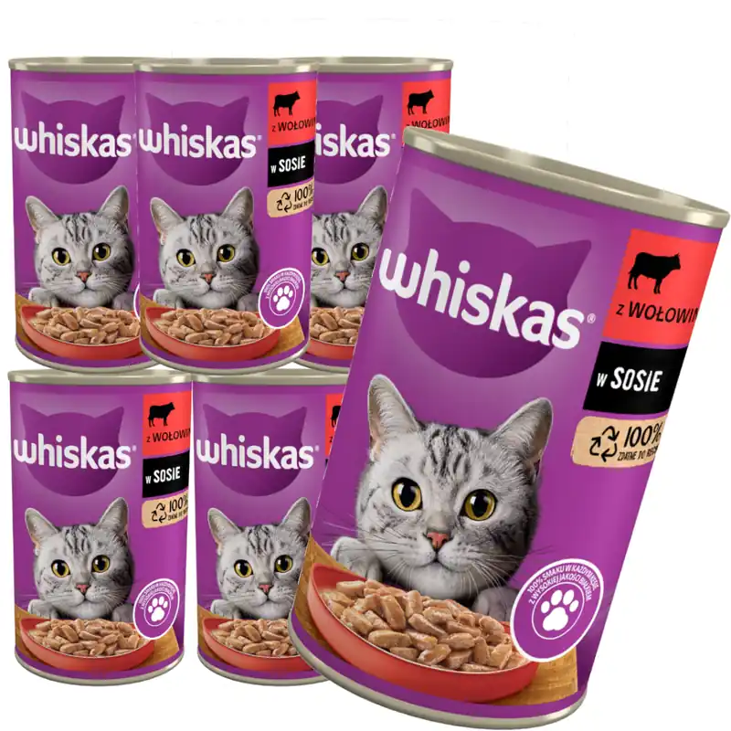 Tani WHISKAS Adult puszka 6x 400g - mokra karma dla dorosłych kotów z wołowiną w sosie