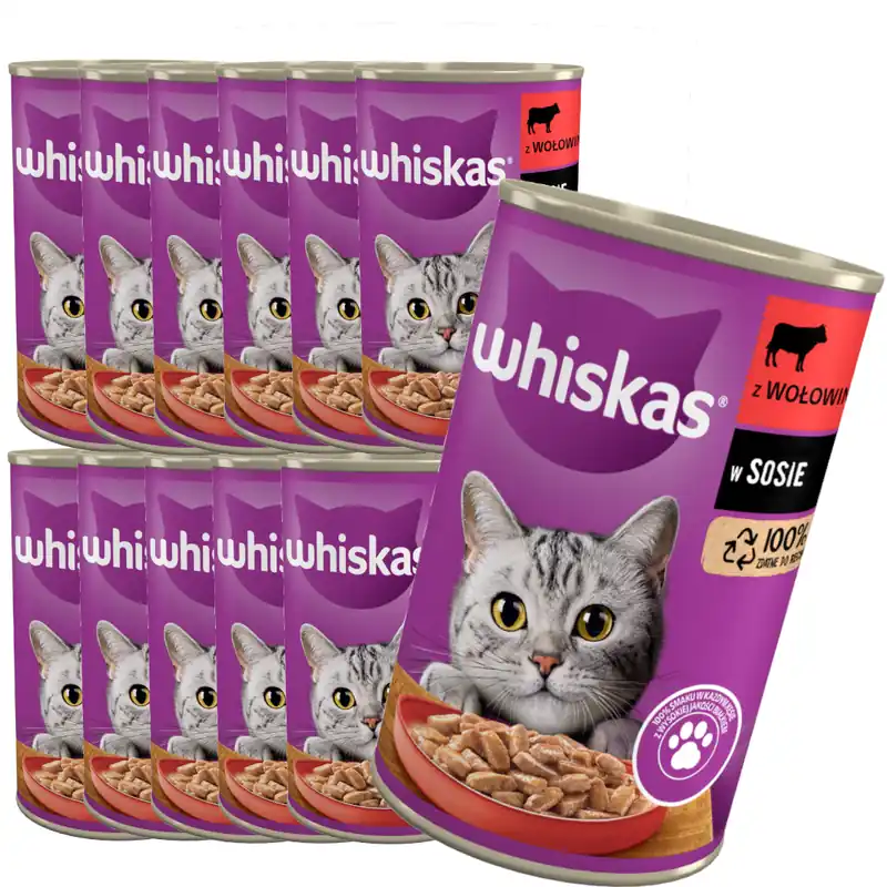 WHISKAS Adult puszka 12x 400g - mokra karma dla dorosłych kotów z wołowiną w sosie Super okazja