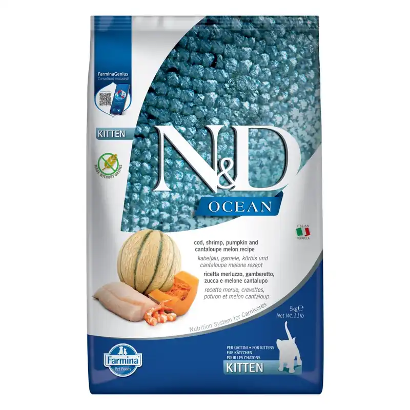 Farmina N&D Cat Ocean Cod Shrimp Kitten 5kg Sucha Karma Dla Kociąt Dorsz Krewetki Dynia Kantalupa Nie przegap