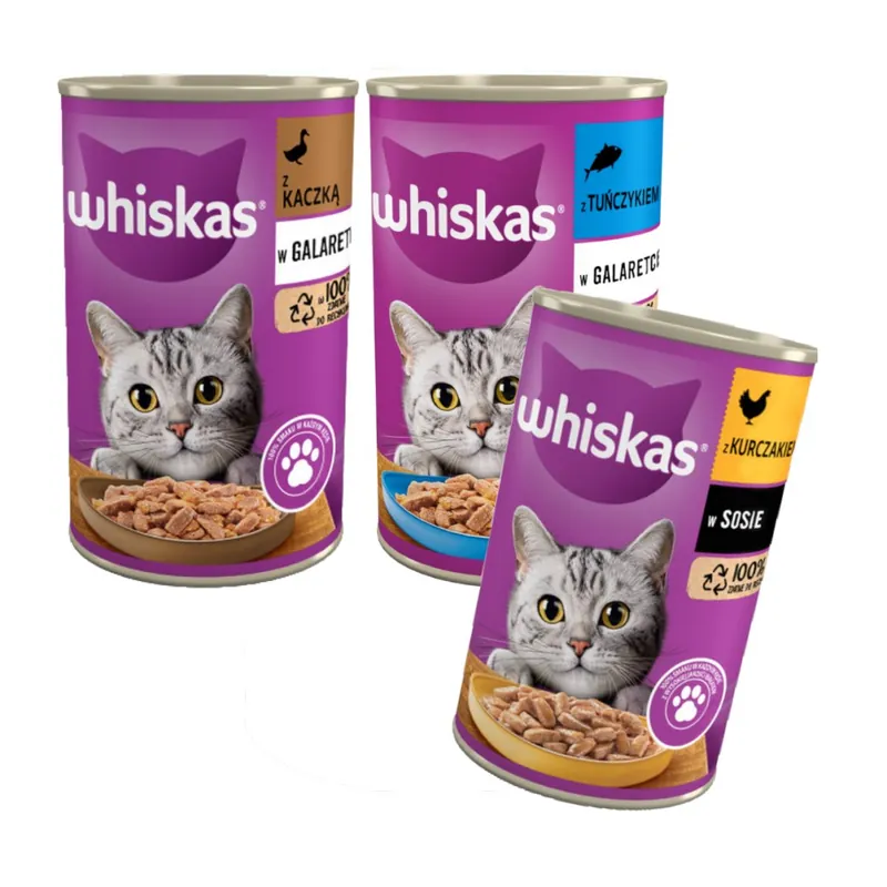 WHISKAS Adult 3 Smaki 48x400g Kaczka Tuńczyk Kurczak Karma Mokra Dla Dorosłych Kotów Cena promocyjna