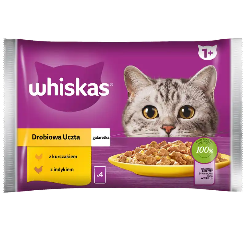 Nowość WHISKAS Adult Saszetki 4 x 85g Drobiowa Uczta Mokra Karma Dla Dorosłego Kota w Galaretce Kawałki z Kurczakiem i Indykiem