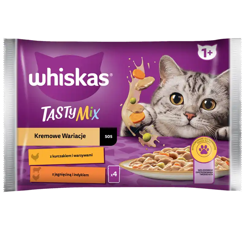 WHISKAS Adult Saszetka 4 x 85g Kremowe Wariacje Mokra Karma Dla Dorosłego Kota w Sosie Kurczak z Warzywami, Jagnięcina z Indykiem Szybka dostawa