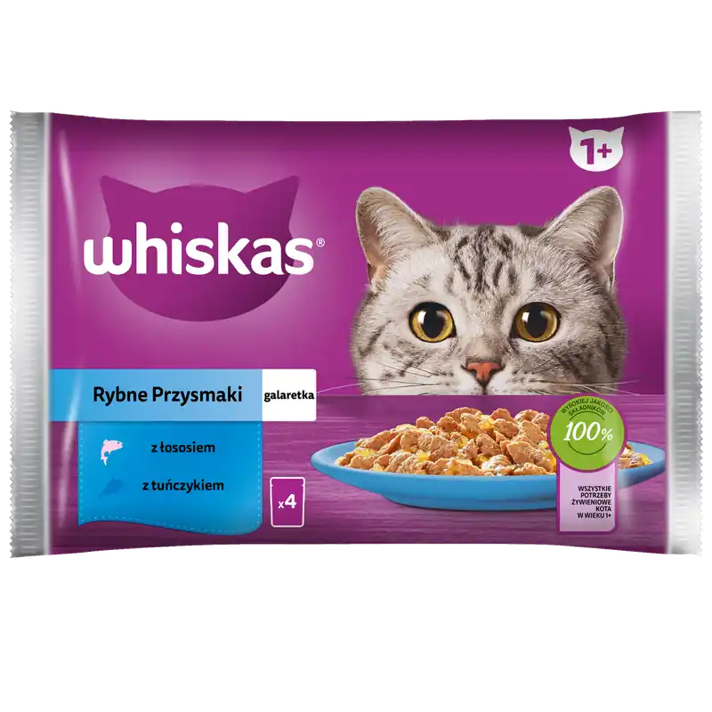 Premium WHISKAS Adult Saszetki 4 x 85g Rybne Przysmaki Mokra Karma Dla Dorosłego Kota w Galaretce Kawałki z Łososiem i z Tuńczykiem