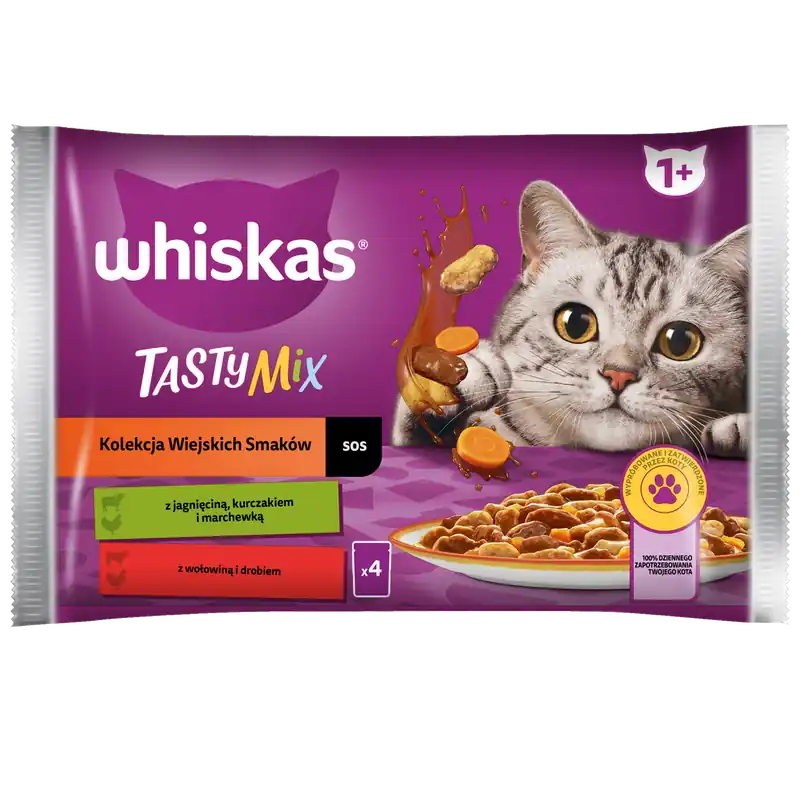 WHISKAS Adult Saszetka 4 x 85g Kolekcja Wiejskich Smaków Mokra Karma Dla Dorosłego Kota w Sosie Kawałki z Jagnięciną Kurczakiem i Marchewką, Wołowiną i Drobiem Oferta czasowa