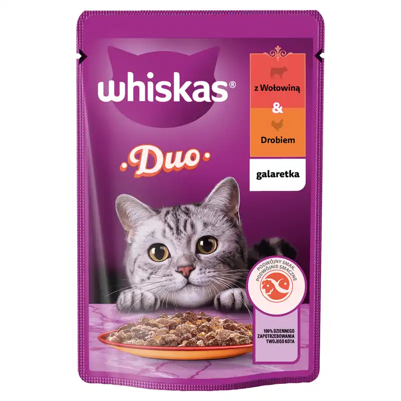 Nowy Whiskas Adult 85g Mokra Karma Dla Dorosłych Kotów Kawałki Z Wołowiną I Drobiem W Galaretce