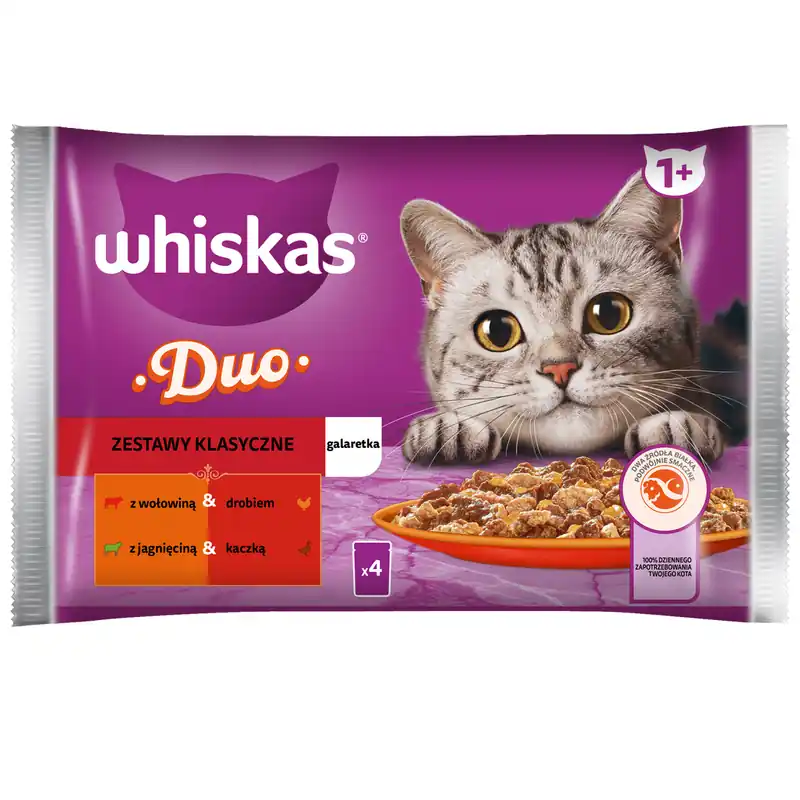Obniżka ceny Whiskas Adult 4x85g Zestawy Klasyczne Mokra Karma Dla Dorosłych Kotów 2 Smaki W Galaretce