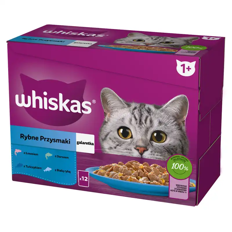 Szybka wysyłka Whiskas Adult 12x85g Rybne Przysmaki Mokra Karma Dla Dorosłych Kotów 4 Smaki W Galaretce