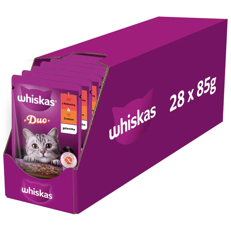Popularny Whiskas Adult 28x85g Mokra Karma Dla Dorosłych Kotów Kawałki Z Wołowiną I Drobiem W Galaretce