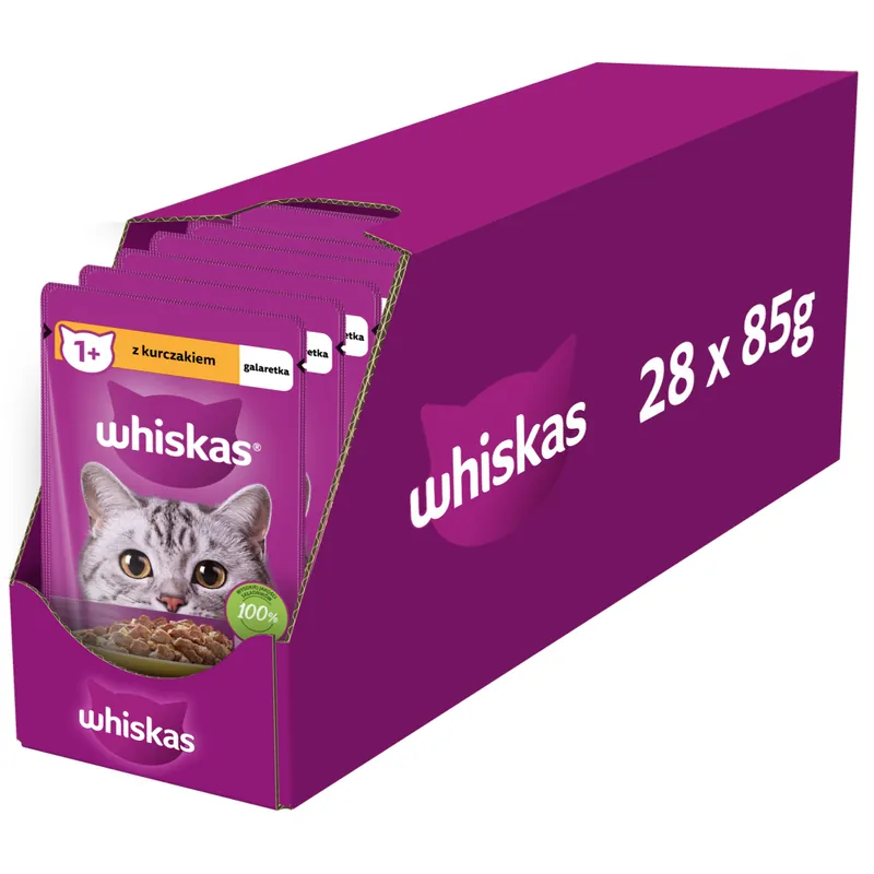Oferta czasowa Whiskas Adult 28x85g Mokra Karma Pełnoporcjowa Dla Dorosłych Kotów Kawałki Z Kurczakiem W Galaretce