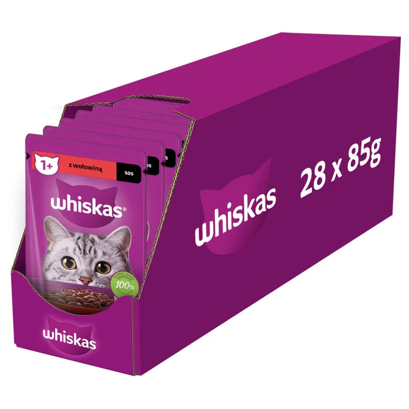 Promocja Whiskas Adult 28x85g Mokra Karma Pełnoporcjowa Dla Dorosłych Kotów Kawałki Z Wołowiną W Sosie