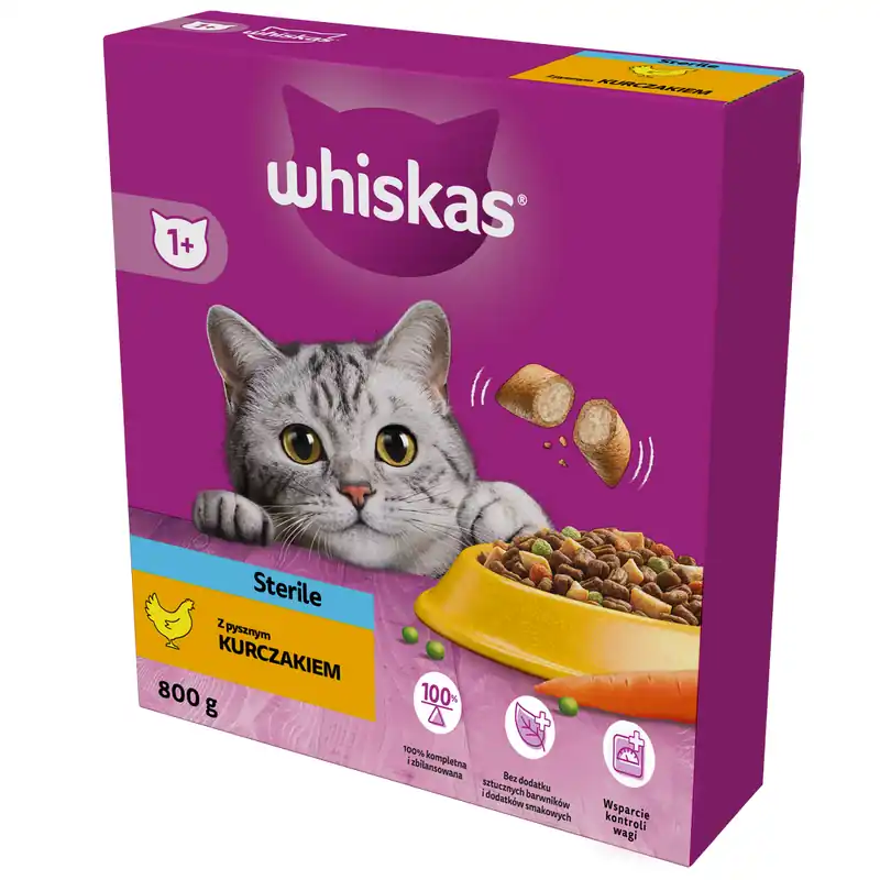 Hit cenowy Whiskas Sterile 800g Sucha Karma Dla Dorosłych Kotów Po Zabiegu Kastracji Z Kurczakiem