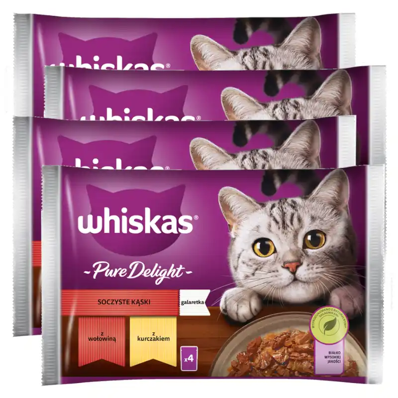 Kup teraz Whiskas Adult 4x340g Soczyste Kąski Mokra Karma Dla Dorosłego Kota W Galaretce Kawałki Z Wołowiną I Z Kurczakiem