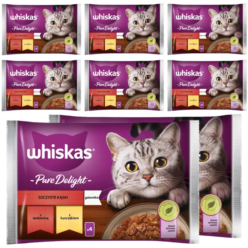 Popularny WHISKAS Adult Saszetki 32 x 85g Soczyste Kąski Mokra Karma Dla Dorosłego Kota w Galaretce Kawałki z Wołowiną i z Kurczakiem