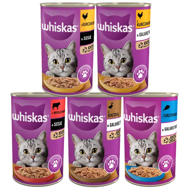 WHISKAS Adult 5 Smaków 48x400g Kurczak Wołowina Tuńczyk Kaczka Karma Mokra Dla Dorosłych Kotów Wysoka jakość