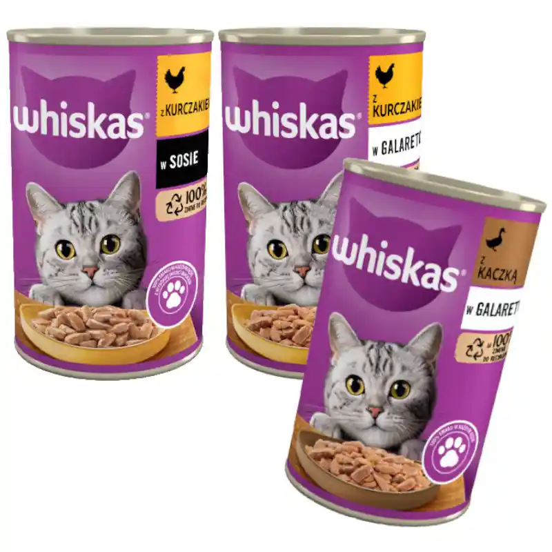 Ograniczona ilość WHISKAS Adult 3 Smaki Drobiowe 24x400g Kurczak Kaczka Karma Mokra Dla Dorosłych Kotów