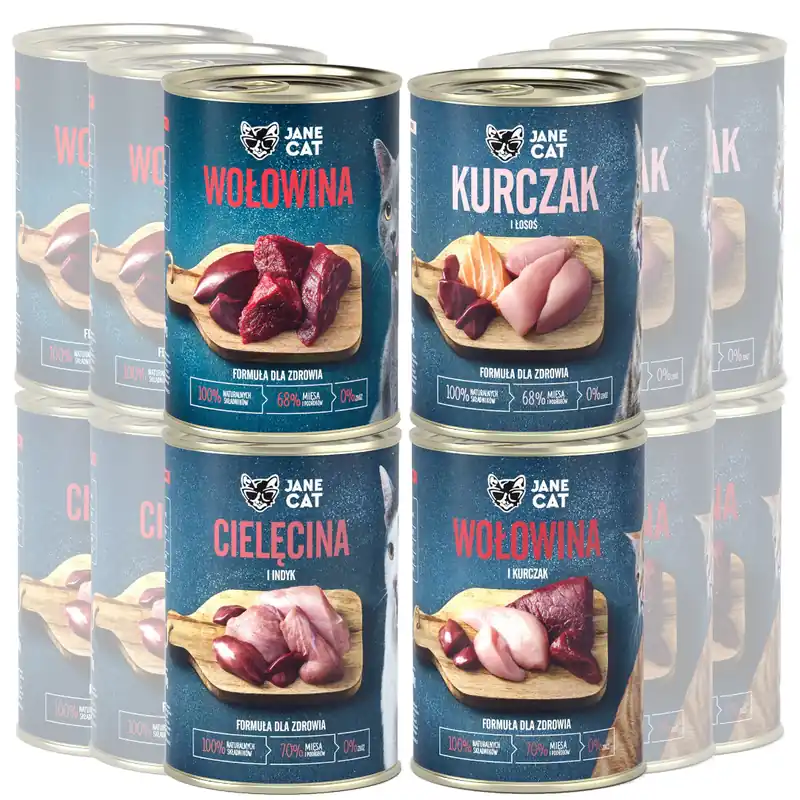 Jane Cat Adult Mix Smaków 12x400g Mokra Karma Dla Kotów Bez Zbóż Wołowina Cielęcina Kurczak Indyk Łosoś Nie przegap
