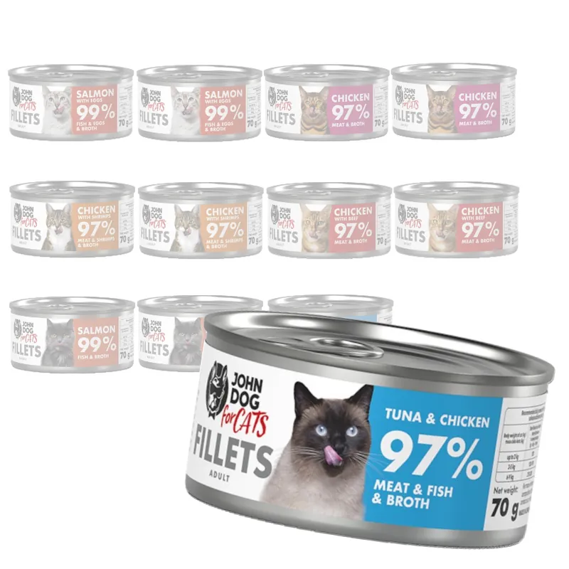 John Dog for Cats Mokra Karma Dla Dorosłych Kotów Mix 6 Smaków 12x70g Łosoś Wołowina Kurczak Tuńczyk Krewetki Nowość