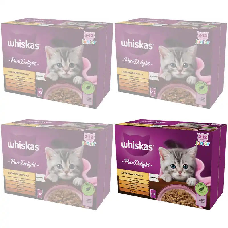 Wybór klientów WHISKAS Junior Saszetki 48 x 85g Drobiowe Frykasy Mokra Karma Dla Kociąt w Galaretce Kawałki z Kurczakiem Indykiem Drobiem Kaczką