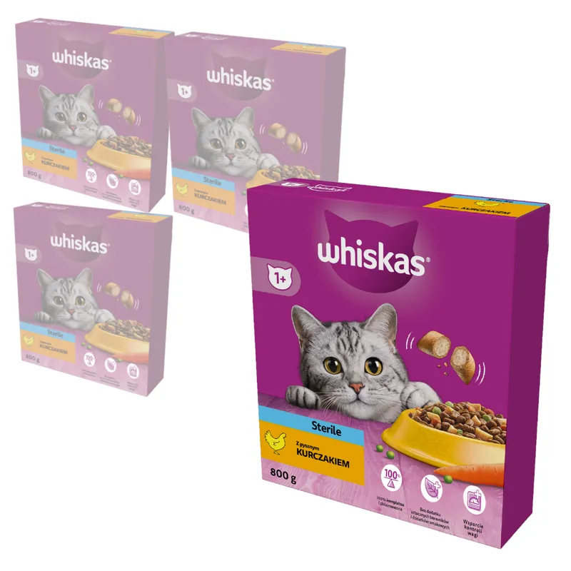 Okazja Whiskas Sterile 4x800g Sucha Karma Dla Dorosłych Kotów Po Zabiegu Kastracji Z Kurczakiem