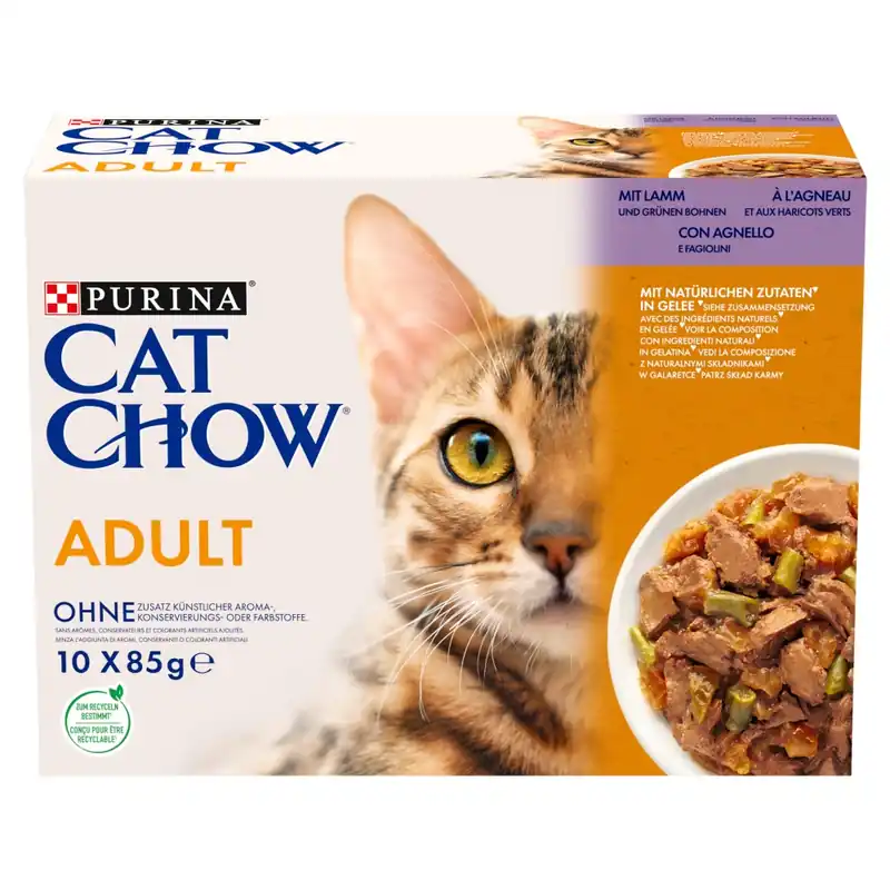 Purina Cat Chow Adult 10x85g Mokra Karma Dla Kota z Jagnięciną i Zieloną Fasolką w Galaretce Darmowy zwrot