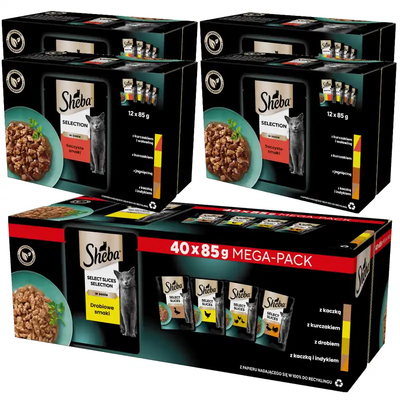 Sheba Selection Soczyste Smaki w Sosie 48x85g + Drobiowe Smaki 40x85g Tylko do końca tygodnia