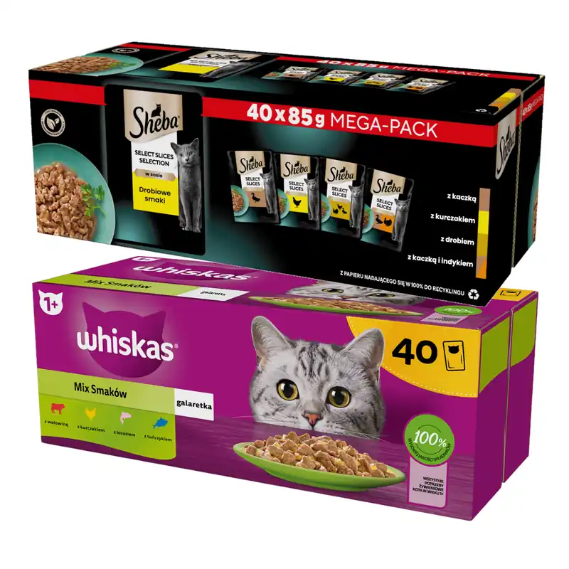 Sheba Selection In Sauce 40x85g + Whiskas Adult w Galaretce 40x85g Mokra Karma Dla Kota Drobiowe i Rybne Smaki Łatwy zwrot