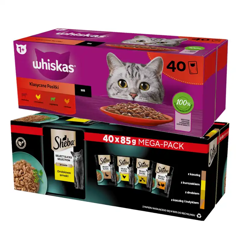 Whiskas Adult Klasyczne Posiłki + Sheba Selection in Sauce Kolekcja Drobiowych Smaków Mokra Karma Dla Kota W Sosie 80x85g Bezpieczna płatność