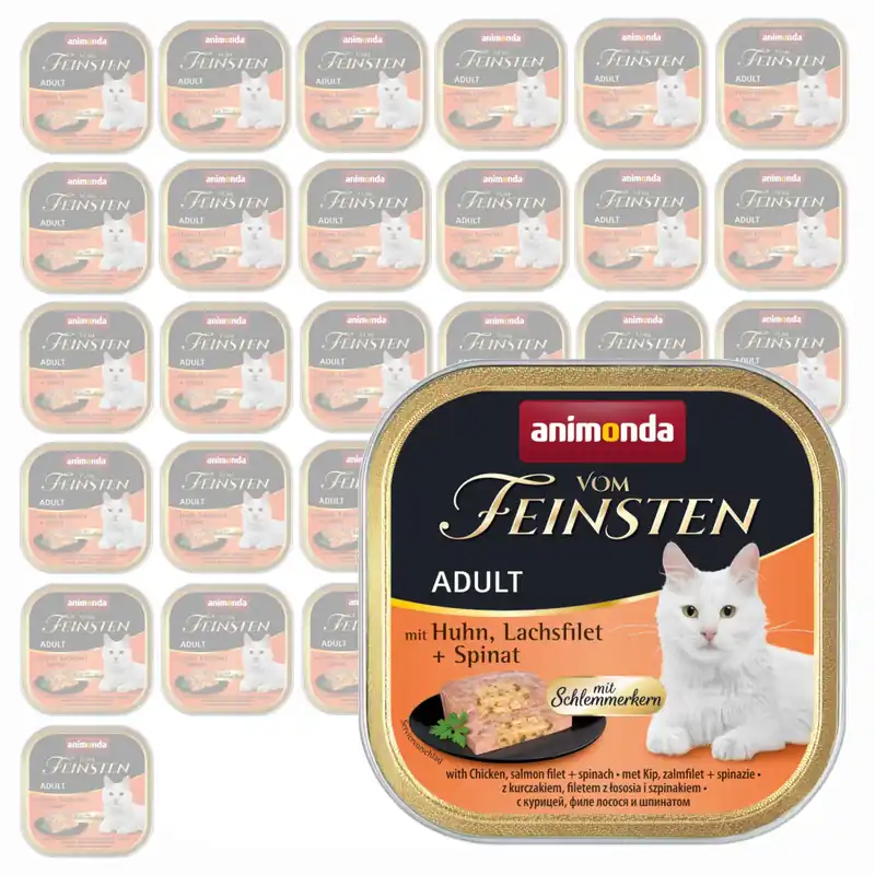 Animonda Vom Feinsten Adult 32x100g Mokra Karma dla Kota z Kurczakiem Filetem z Łososia i Szpinakiem Nowość