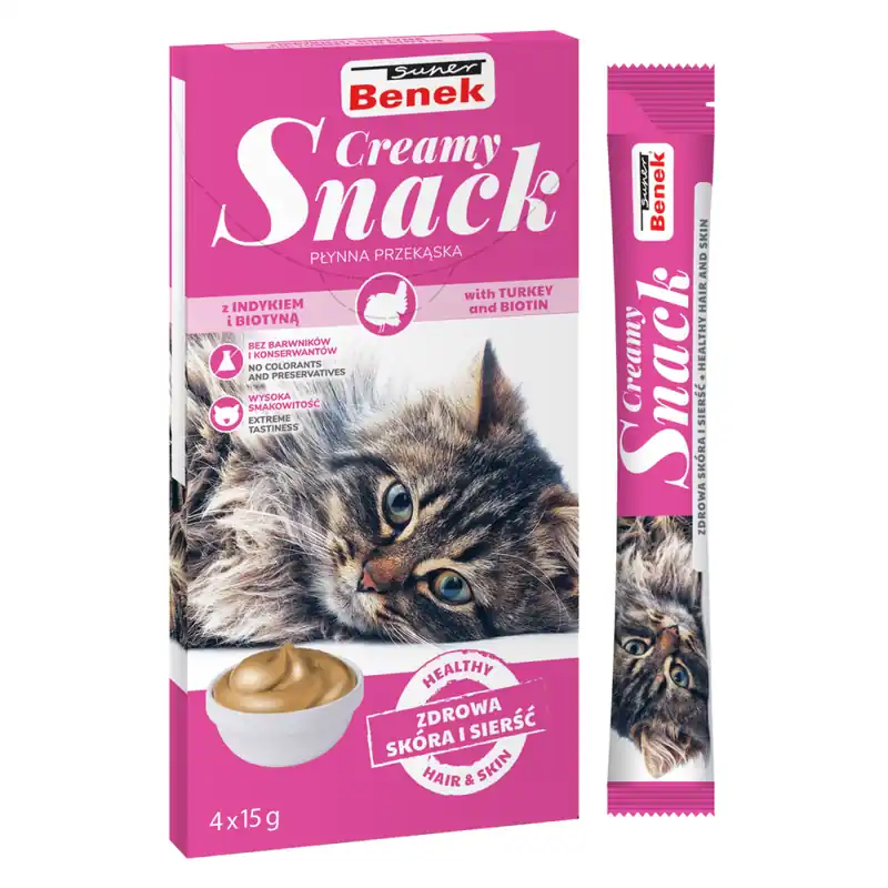 Nie przegap Super Benek Creamy Snack 60g (4x15g) Płynna Przekąska Dla Kotów Z Indykiem I Biotyną